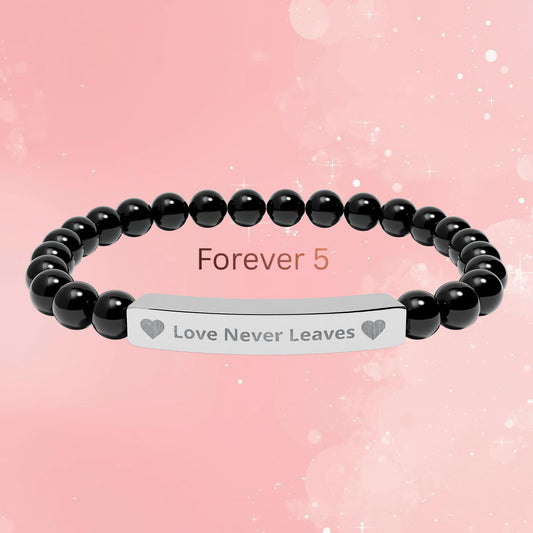 Engraved Natural Stone Stretch Bracelet — "Love Never Leaves" Memorial Bar