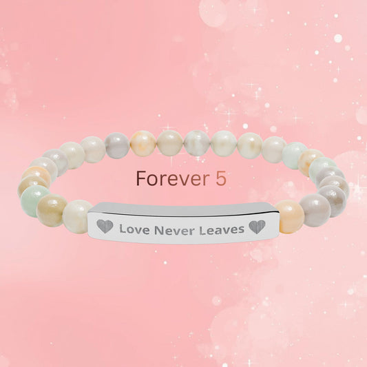 Engraved Natural Stone Stretch Bracelet — "Love Never Leaves" Memorial Bar